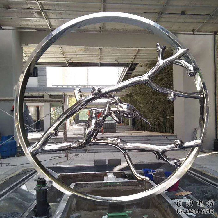 圓環雕塑 室內鏡面擺件 大型喜鵲登梅圓環雕塑廠家