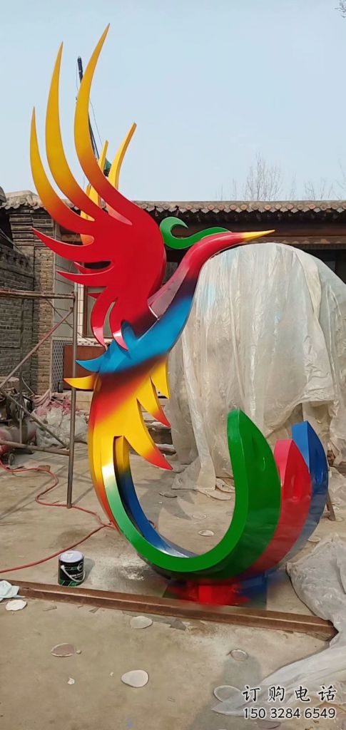抽象火鳳凰雕塑廠家 創(chuàng)意公園擺件 戶外彩繪火鳳凰雕塑