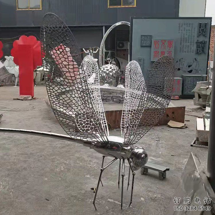 抽象蜻蜓點水雕塑廠家 創意擺件 幾何鏡面蜻蜓點水雕塑
