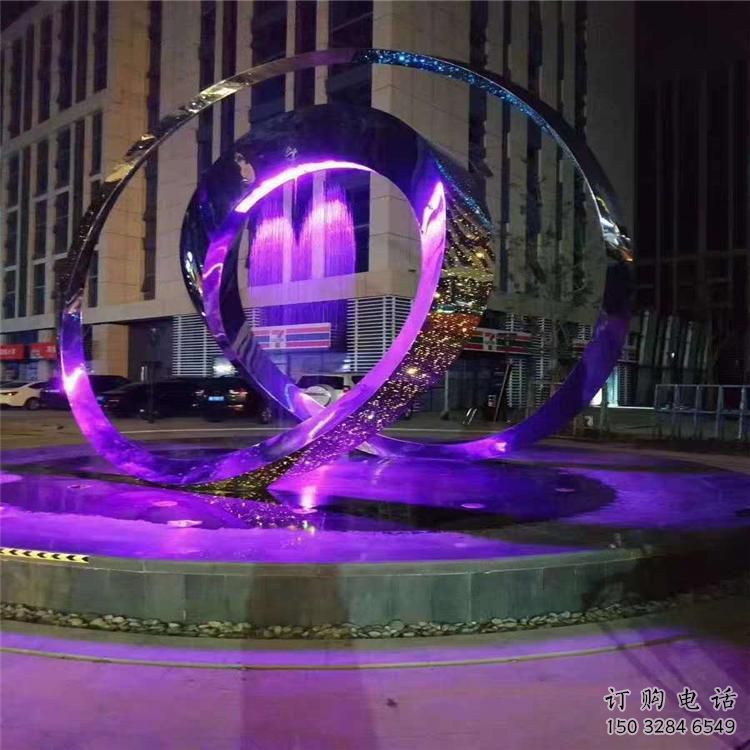 燈光雙環雕塑廠家 現代廣場小品 商業街不銹鋼雙環雕塑生產