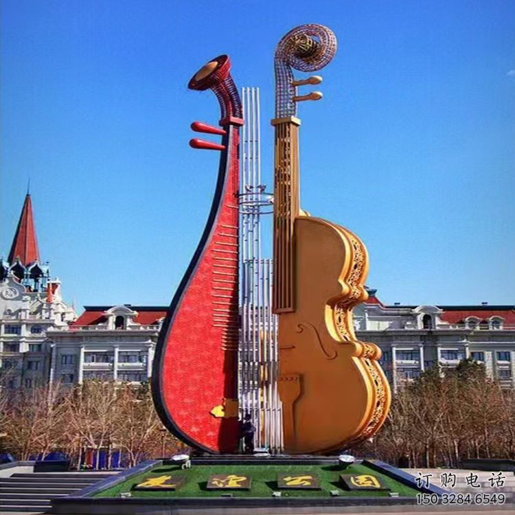 街頭吉他雕塑廠家 大型別墅區擺件 烤漆不銹鋼吉他雕塑