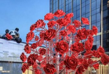 現代玫瑰花雕塑廠家 大型別墅區擺件 烤漆不銹鋼玫瑰花雕塑廠