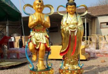 中式金童玉女雕塑廠家 烤漆小品  鍍金金童玉女雕塑