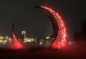 公園月亮雕塑效果圖，噴砂發(fā)光雕塑，鍛造工藝制作