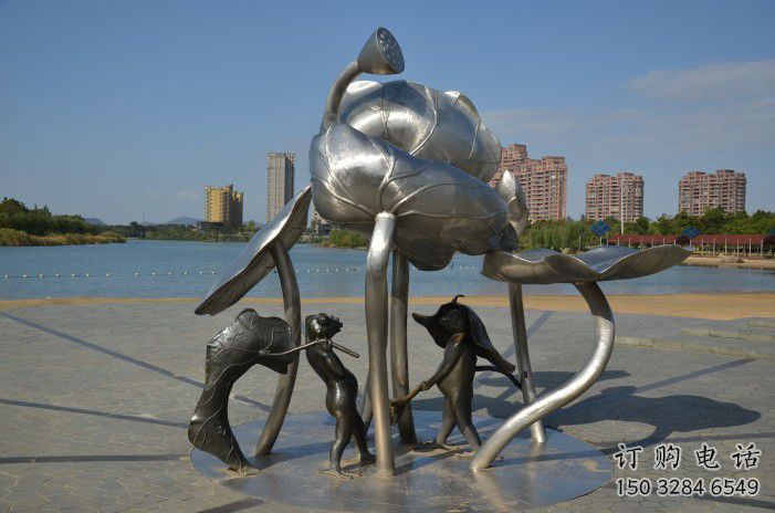 城關蓮蓬嬉戲雕塑，城市植物景觀雕塑，不銹鋼鏡面效果