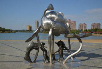 城關(guān)蓮蓬嬉戲雕塑，城市植物景觀雕塑，不銹鋼鏡面效果